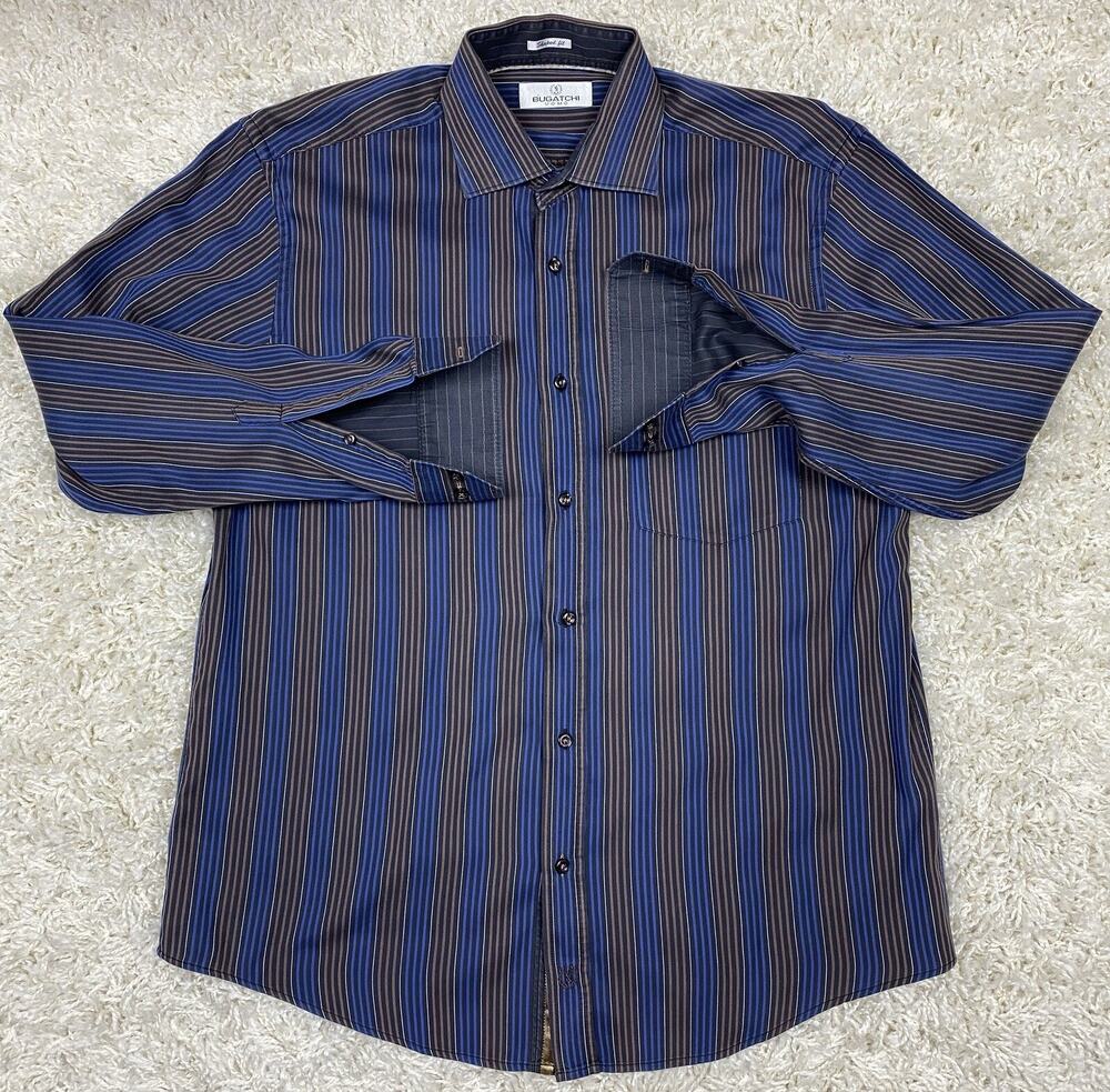 Bugatchi Uomo Mens Dress Shirt Size L Striped Shaped Fit Blue Brown Long Sleeve